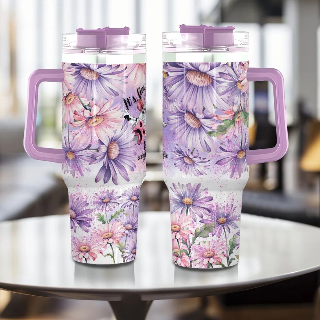 Purple & Pink Floral 40oz Stainless Steel Tumbler with Straw – Insulated & Leakproof Travel Mug