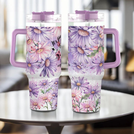 Purple & Pink Floral 40oz Stainless Steel Tumbler with Straw – Insulated & Leakproof Travel Mug