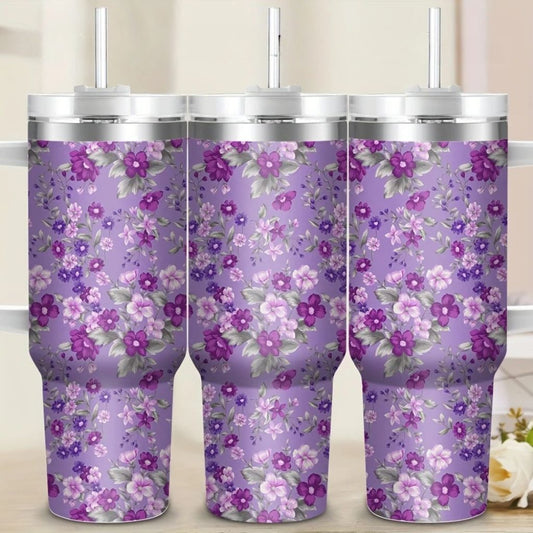 Purple Floral 40oz Stainless Steel Tumbler with Straw – Insulated & Leakproof Travel Mug