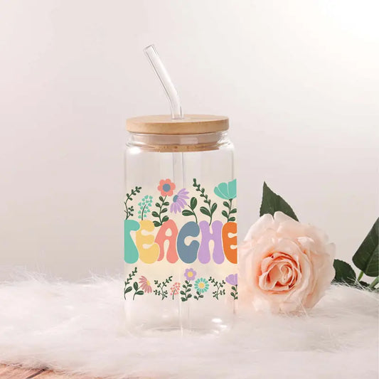 Teacher Floral Glass Cup – 16oz / 473ml Glass Tumbler with Bamboo Lid & Straw - Clear or Frosted
