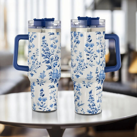 Blue Floral 40oz Stainless Steel Tumbler with Straw – Insulated & Leakproof Travel Mug