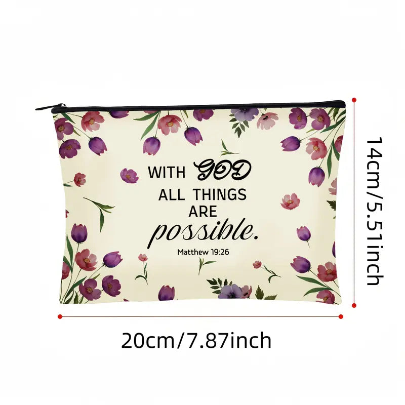 Inspirational Floral Makeup Pouch - Hand-Washable Zippered Bag for Cosmetics, Toiletries, and Travel Essentials