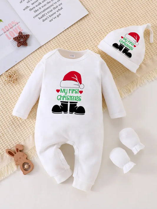 3-Piece Baby Boy "My First Christmas" Onesie Set with Santa Hat and Gloves