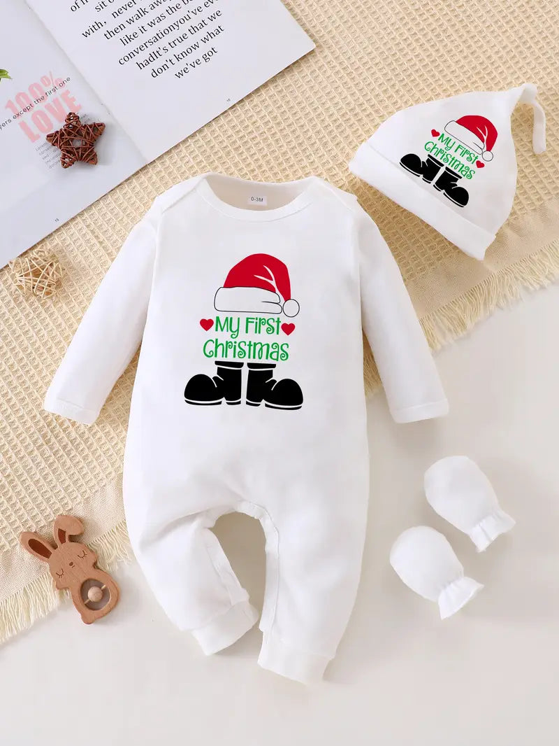 3-Piece Baby Boy "My First Christmas" Onesie Set with Santa Hat and Gloves