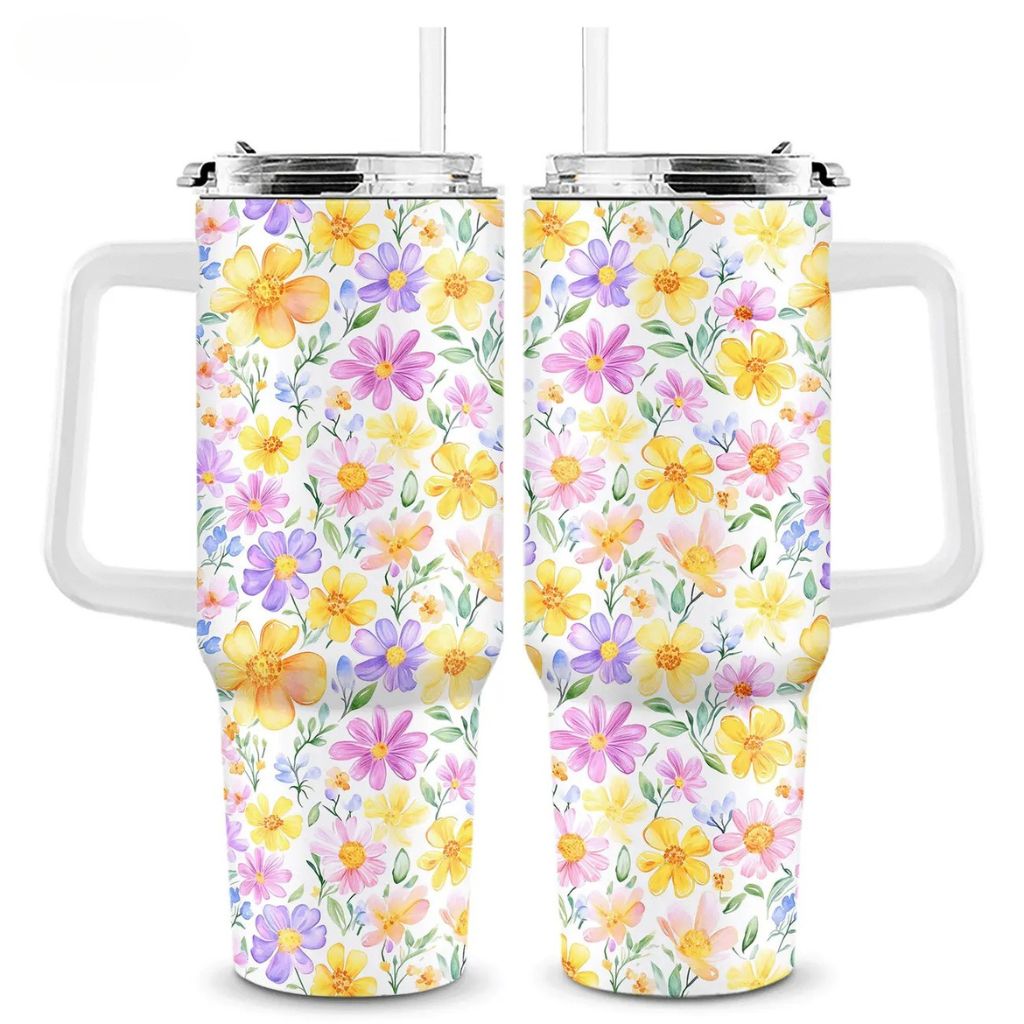 Daisy Floral 40oz Stainless Steel Tumbler with Straw – Insulated & Leakproof Travel Mug