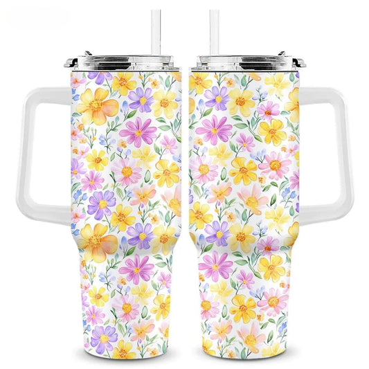 Daisy Floral 40oz Stainless Steel Tumbler with Straw – Insulated & Leakproof Travel Mug