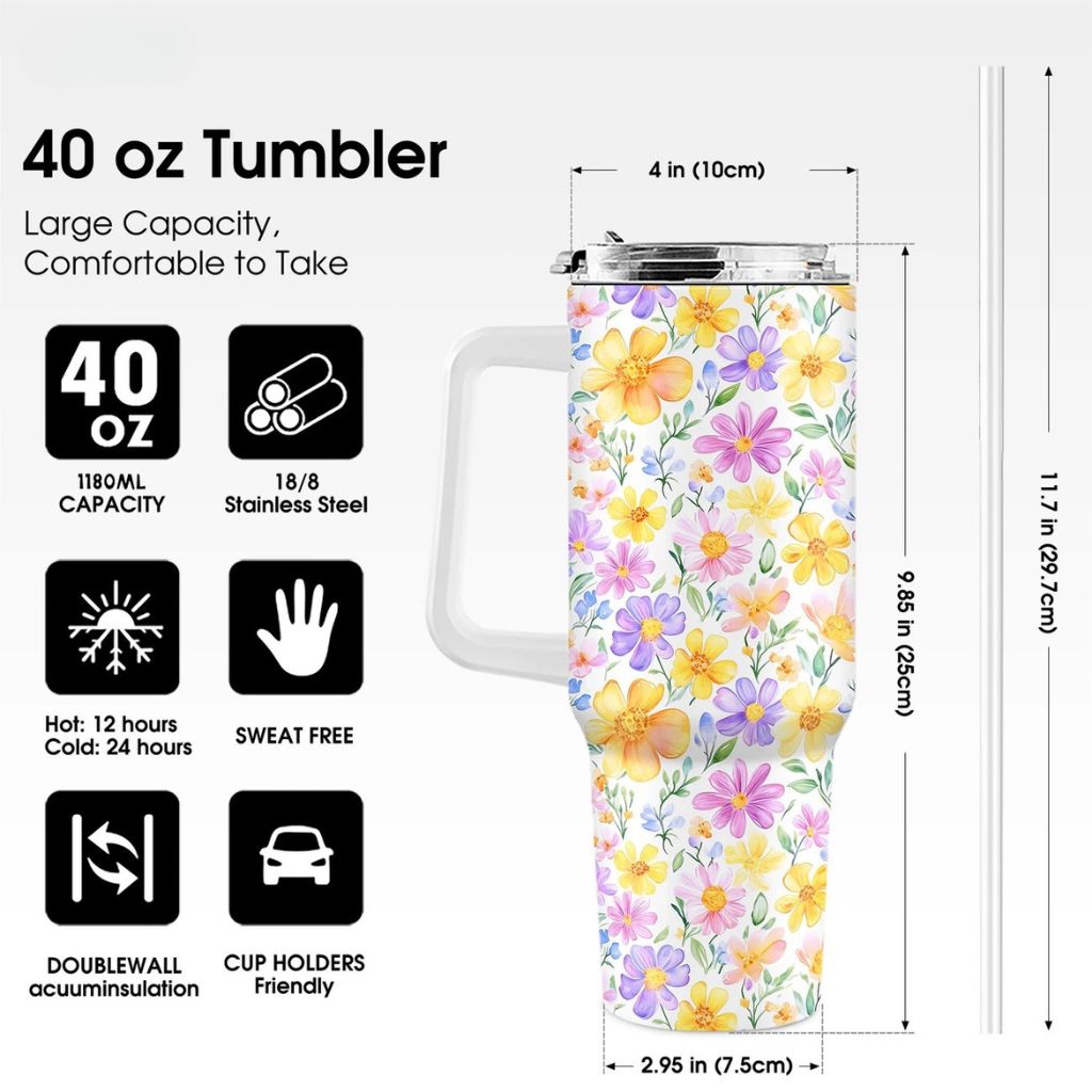 Daisy Floral 40oz Stainless Steel Tumbler with Straw – Insulated & Leakproof Travel Mug
