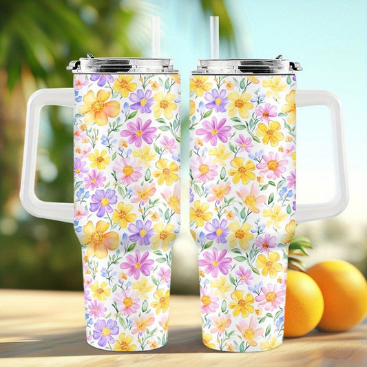 Daisy Floral 40oz Stainless Steel Tumbler with Straw – Insulated & Leakproof Travel Mug