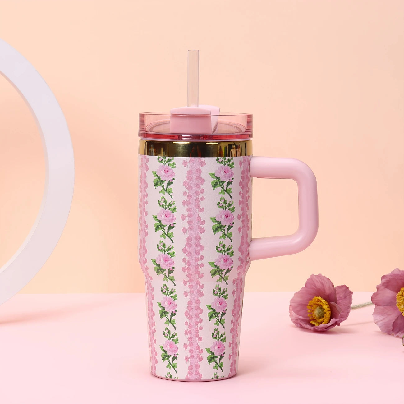 14oz Pink Floral Stainless Steel Insulated Tumbler with Straw – Leakproof & BPA-Free