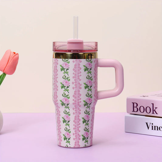 14oz Pink Floral Stainless Steel Insulated Tumbler with Straw – Leakproof & BPA-Free