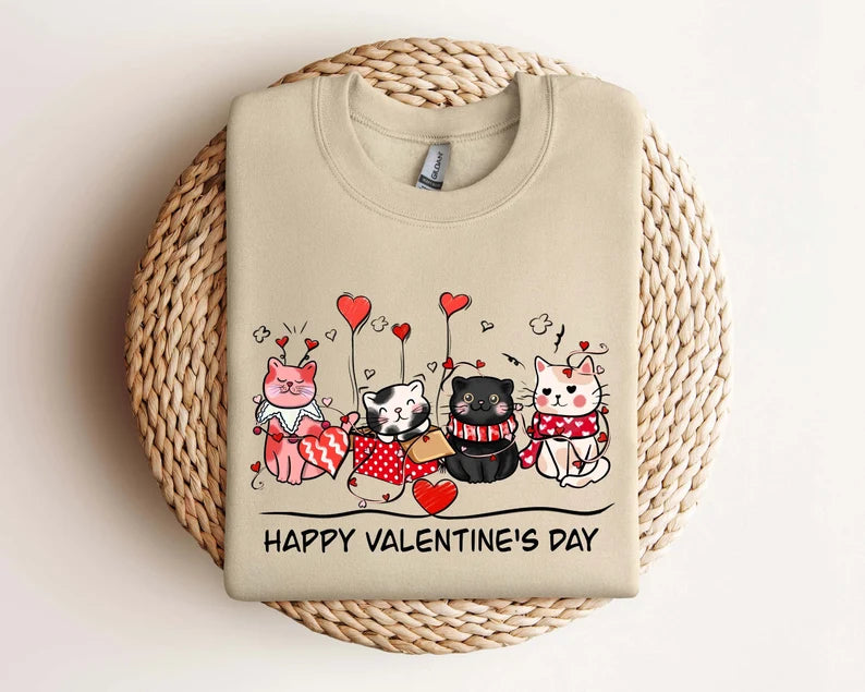 Crewneck unisexe « Happy Valentine's Day Cute Cats » – Cadeau adorable pour les amoureux des chats et la Saint-Valentin