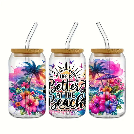 Life is Better at the Beach Glass Cup #1 – 16oz / 473ml Glass Tumbler with Bamboo Lid & Straw - Clear or Frosted