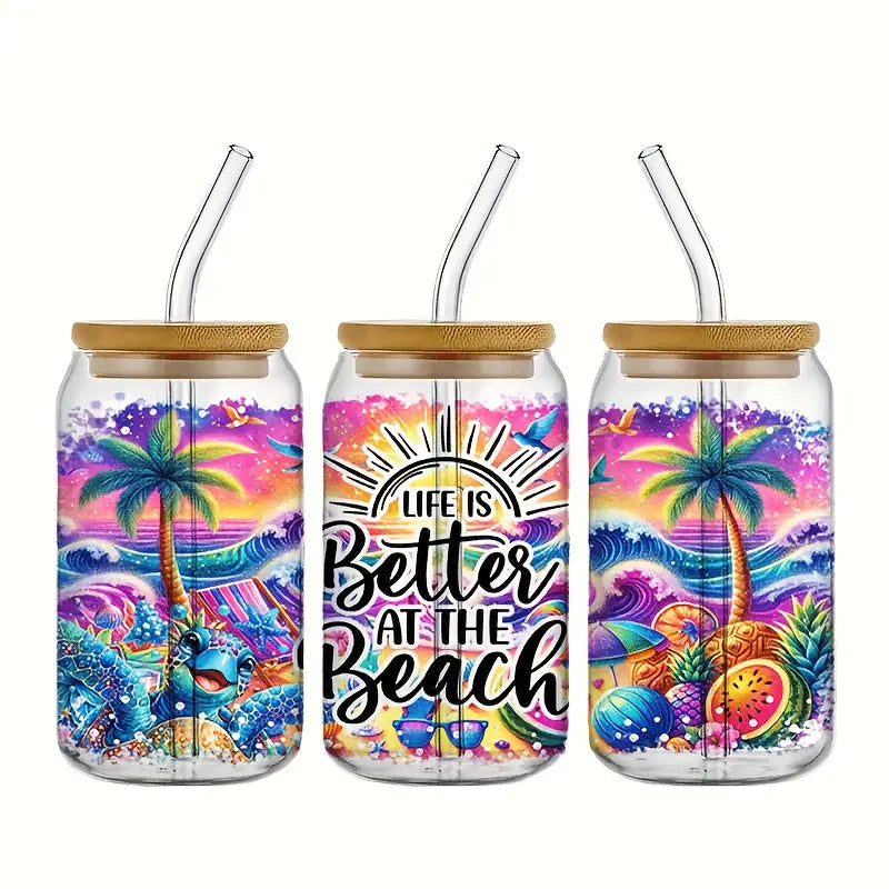 Life is Better at the Beach Glass Cup #2 – 16oz / 473ml Glass Tumbler with Bamboo Lid & Straw - Clear or Frosted