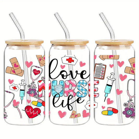 Love Nurse Life Glass Cup – 16oz / 473ml Glass Tumbler with Bamboo Lid & Straw - Clear or Frosted