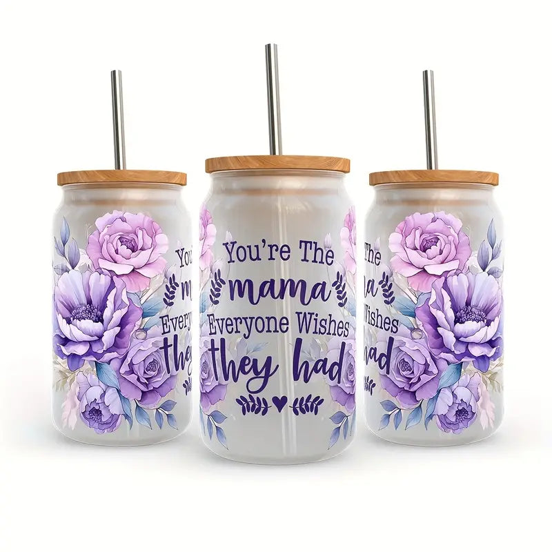 Mama Glass Cup #2 – 16oz / 473ml Glass Tumbler with Bamboo Lid & Straw - Clear or Frosted