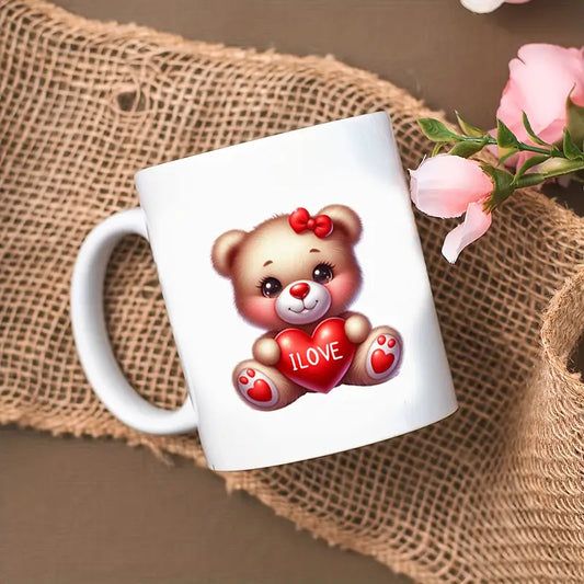 Valentine's Day Cute Bear Ceramic Mug – Double-Sided UV DTF Design 11 oz