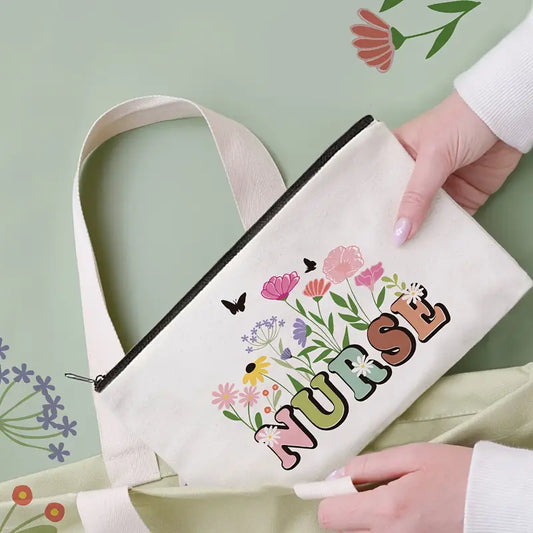 Pochette en toile à motif floral et papillon pour infirmière - Sac zippé lavable à la main pour les essentiels médicaux et les voyages