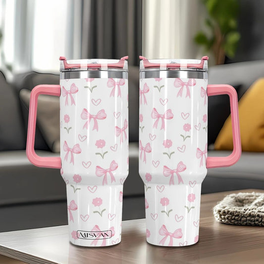 Pink Bow 40oz Stainless Steel Tumbler with Straw – Insulated & Leakproof Travel Mug