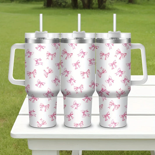 Pink Bow 40oz Stainless Steel Tumbler with Straw – Insulated & Leakproof Travel Mug