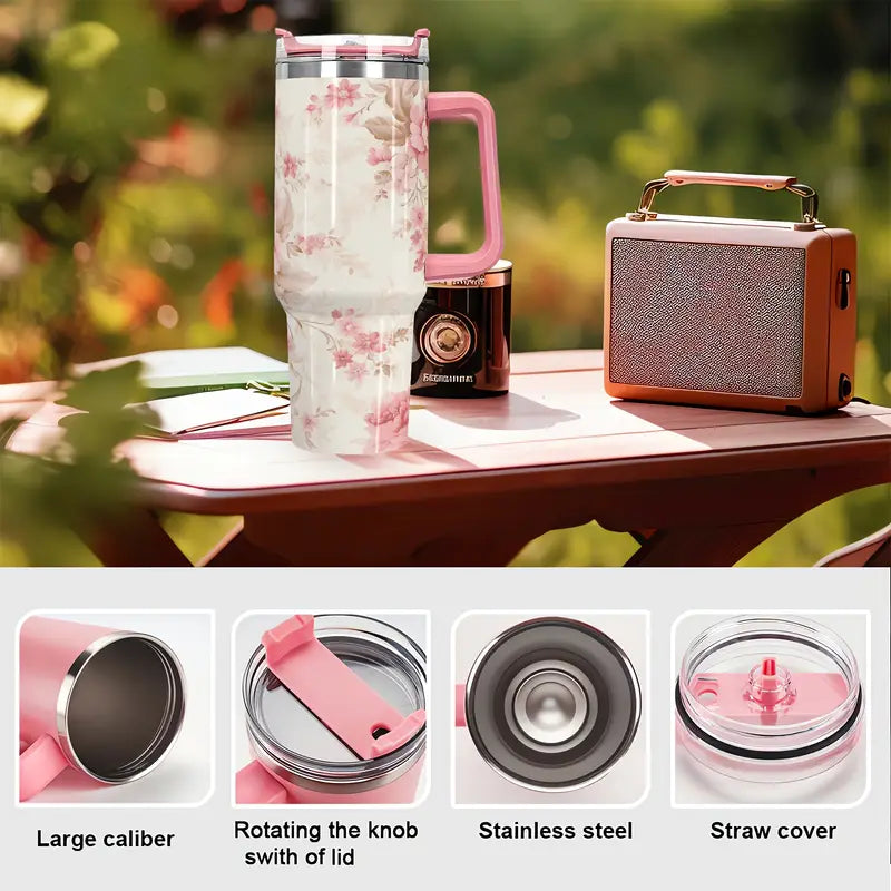 Pink Rose 40oz Stainless Steel Tumbler with Straw – Insulated & Leakproof Travel Mug