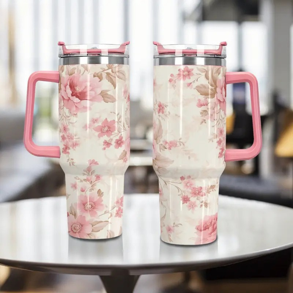 Pink Rose 40oz Stainless Steel Tumbler with Straw – Insulated & Leakproof Travel Mug