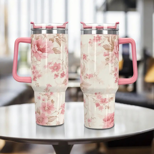 Pink Rose 40oz Stainless Steel Tumbler with Straw – Insulated & Leakproof Travel Mug