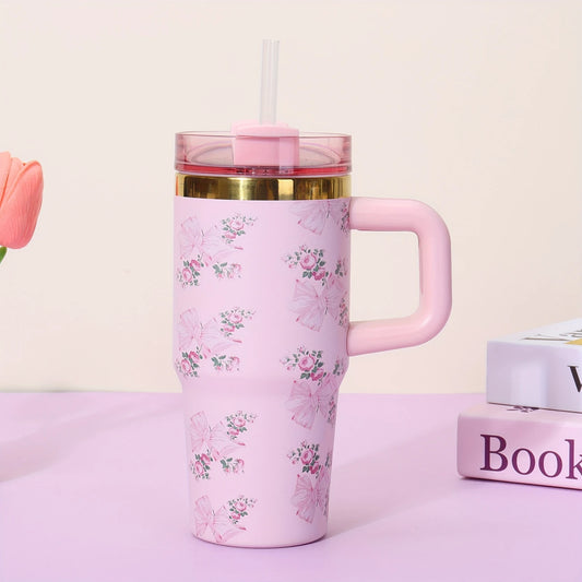 14oz Pink Bow Stainless Steel Insulated Tumbler with Straw – Leakproof & BPA-Free