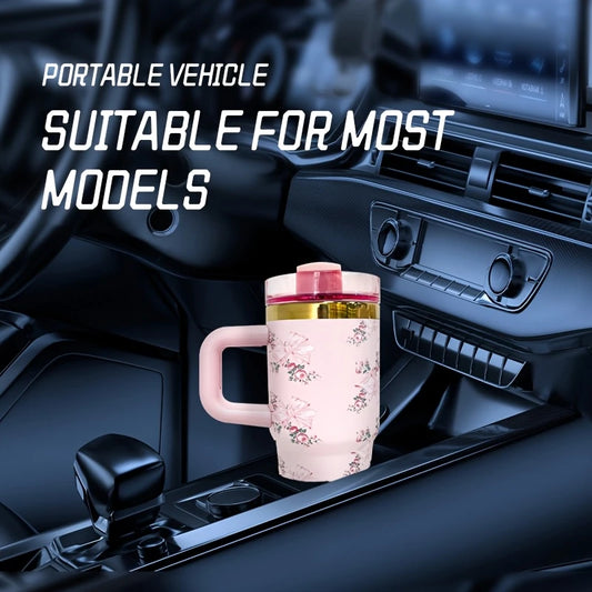 Vaso térmico de acero inoxidable con lazo rosa de 14 oz y pajita: a prueba de fugas y sin BPA.