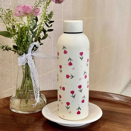 Pink Tulip Stainless Steel Water Bottle with Leak-Proof Lid – 17oz (500ml) Insulated & Reusable
