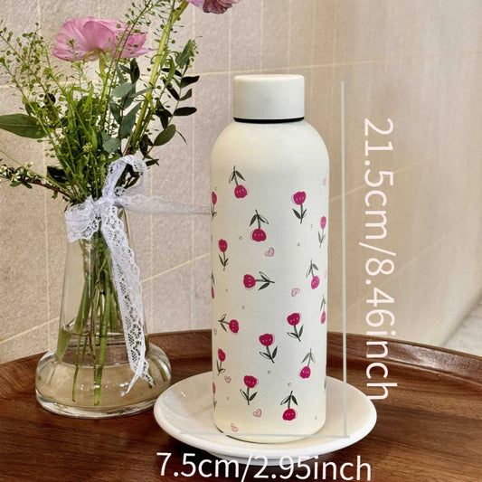 Pink Tulip Stainless Steel Water Bottle with Leak-Proof Lid – 17oz (500ml) Insulated & Reusable
