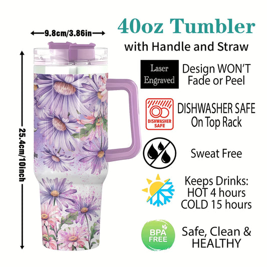 Purple & Pink Floral 40oz Stainless Steel Tumbler with Straw – Insulated & Leakproof Travel Mug