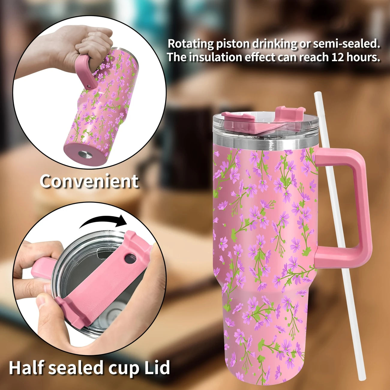 Purple Floral 40oz Stainless Steel Tumbler with Straw – Insulated & Leakproof Travel Mug