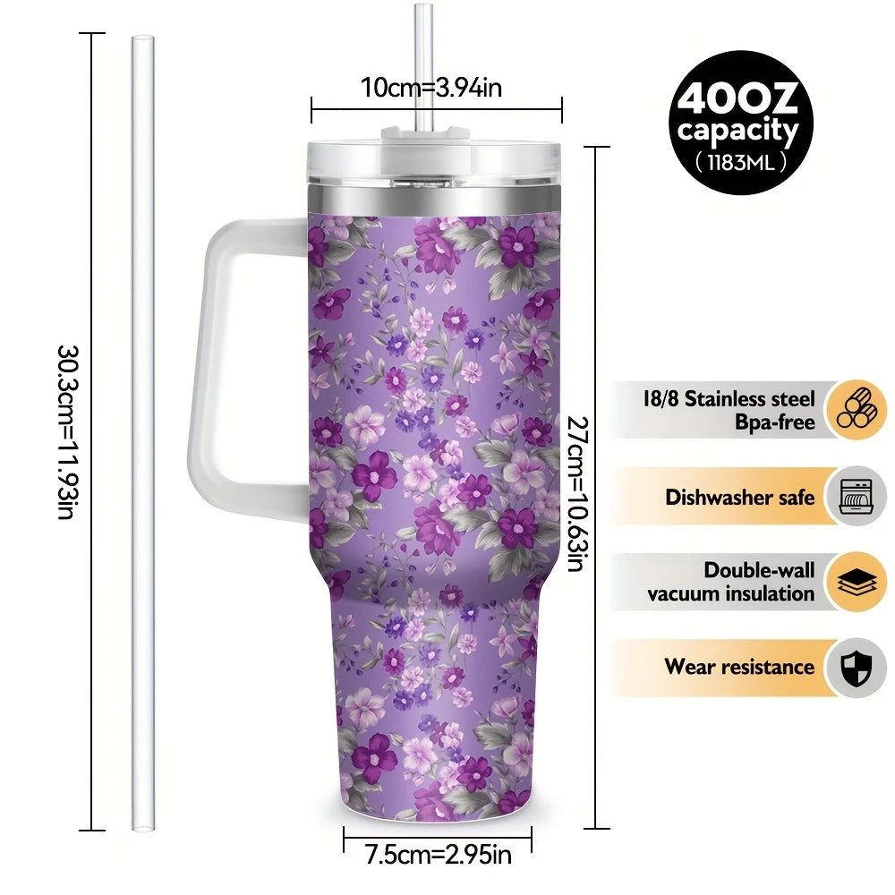 Purple Floral 40oz Stainless Steel Tumbler with Straw – Insulated & Leakproof Travel Mug