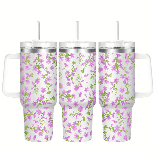 Purple Floral 40oz Stainless Steel Tumbler with Straw – Insulated & Leakproof Travel Mug