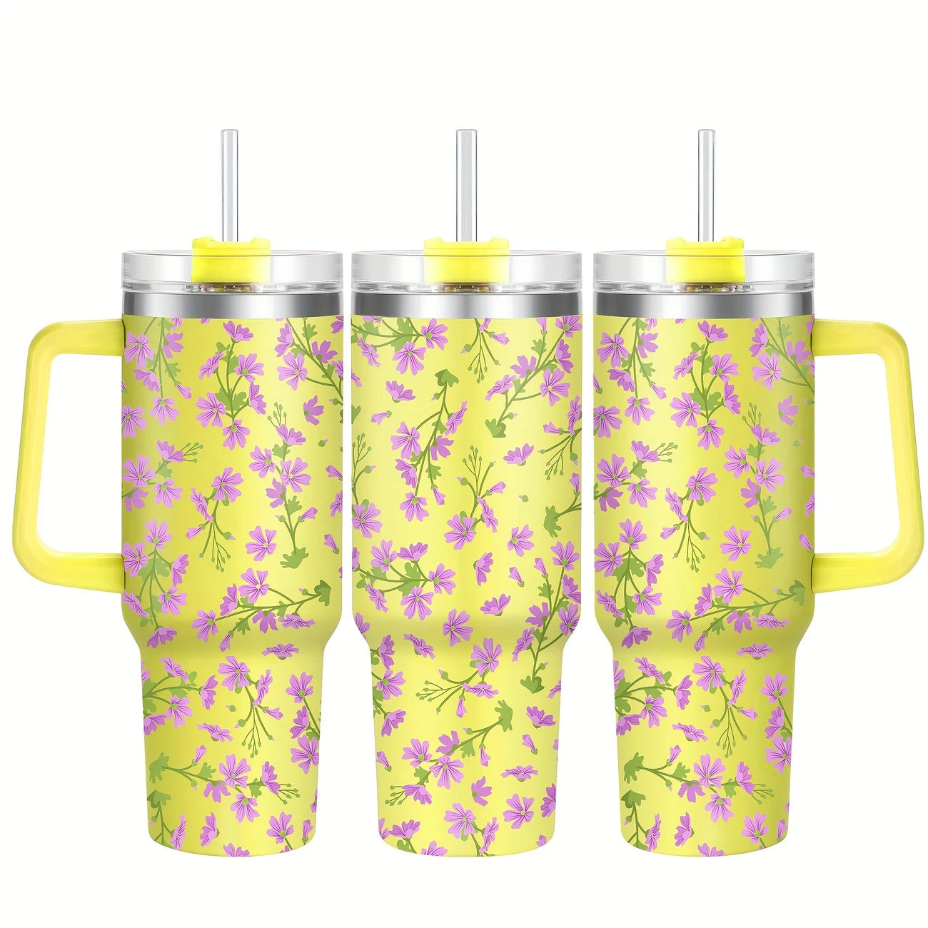 Purple Floral 40oz Stainless Steel Tumbler with Straw – Insulated & Leakproof Travel Mug