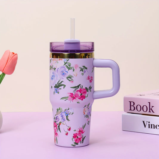 14oz Purple Floral Stainless Steel Insulated Tumbler with Straw – Leakproof & BPA-Free