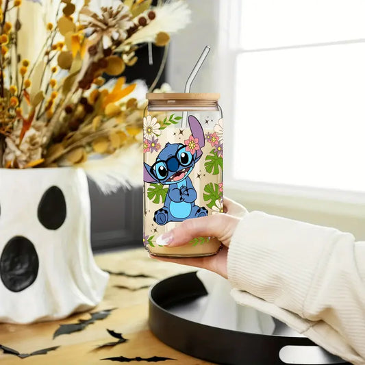 Disney Stitch Glass Cup #1 – 16oz / 473ml Glass Tumbler with Bamboo Lid & Straw - Clear or Frosted