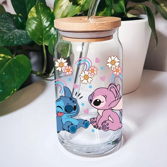 Stitch Rainbow Glass Cup – 16oz / 473ml Glass Tumbler with Bamboo Lid & Straw - Clear or Frosted