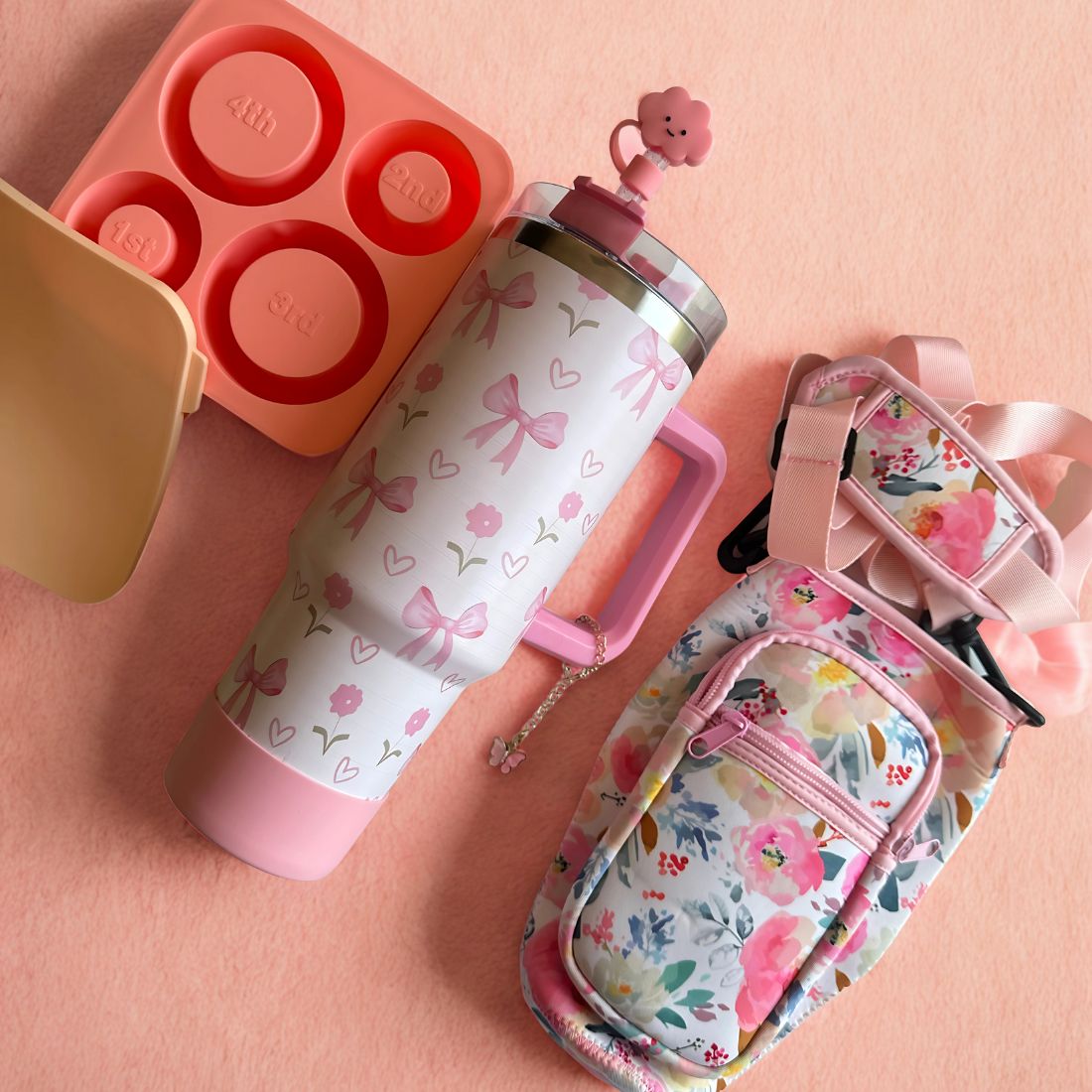 Free Delivery - All-in-One Tumbler Gift Bundle - Floral Carry Bag, Accessories & Ice Mold